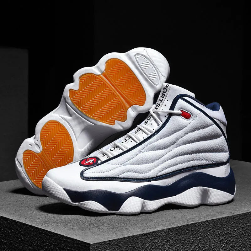 Men's high-top basketball shoes in AJ13 white and red colourway with rubber sole and mesh upper