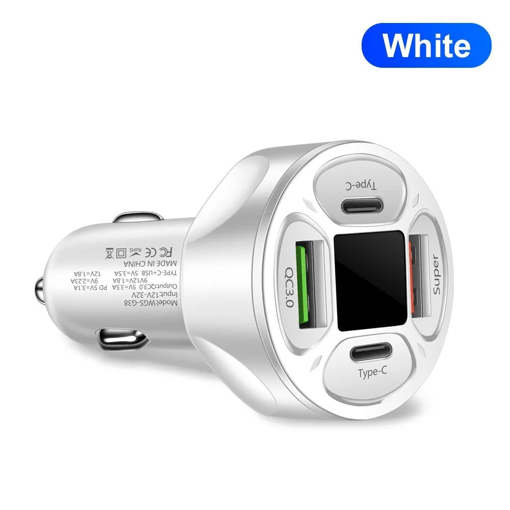 66W digital display car charger with two USB and two Type-C ports for vehicle fast charging