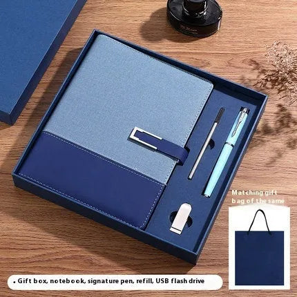 A5 leather notebook in choice of colours with gift box, open to show wood-free paper.