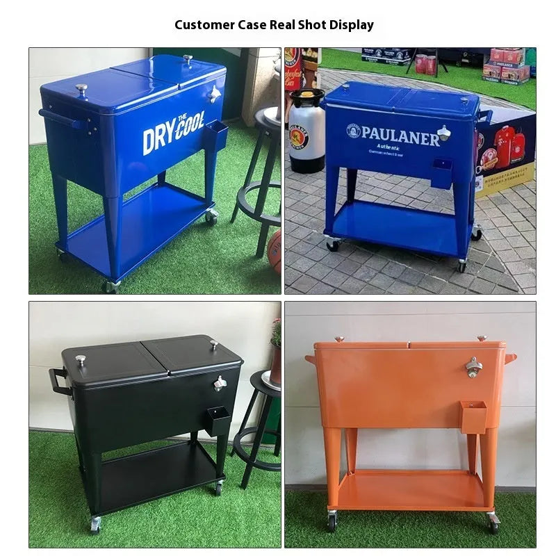 Red outdoor metal insulated trolley cooler box with 750ml capacity