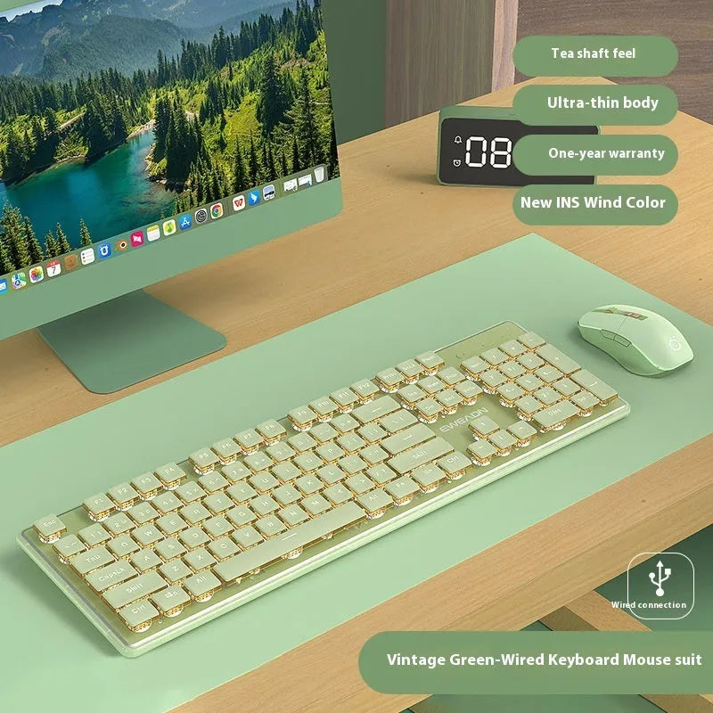 Prewalker V3 Retro Green silent mechanical keyboard and mouse set on a desk.