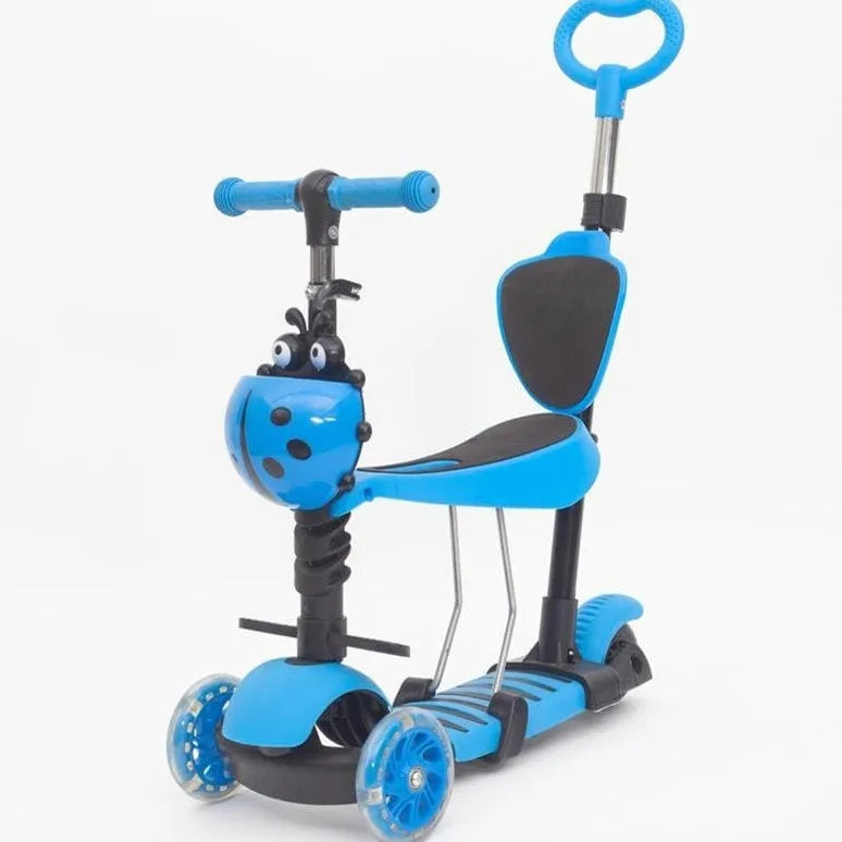 Three-wheeled plastic children's scooter with push rod in blue for toddlers under 3