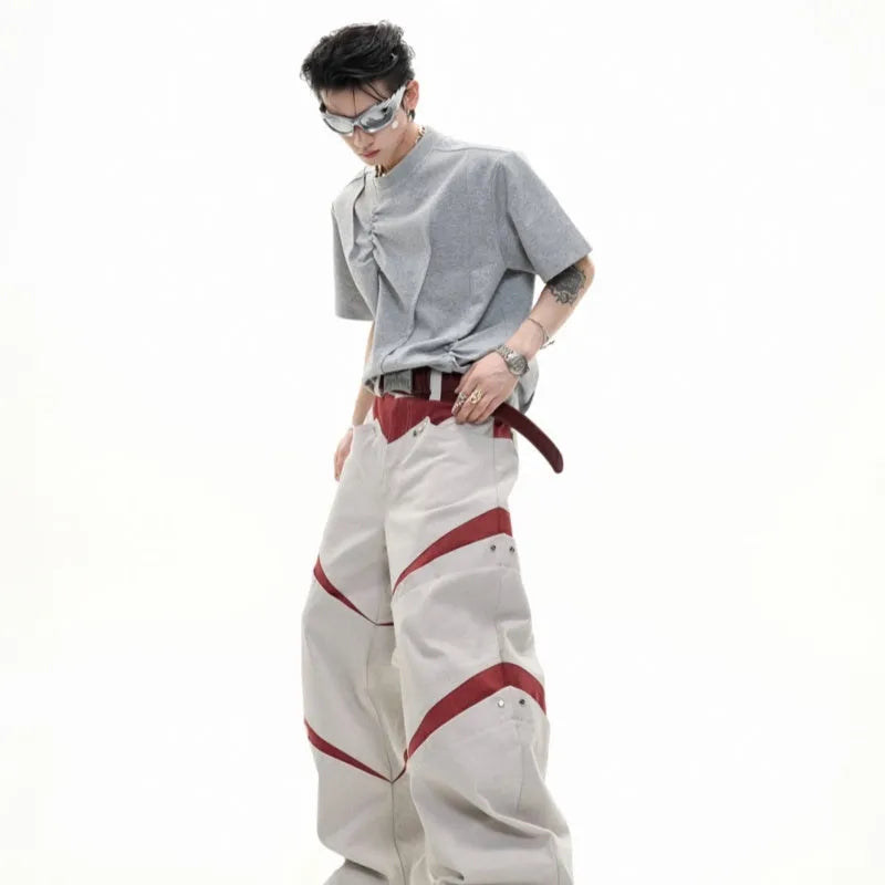 Men's loose grey cotton t-shirt with three-dimensional pleated detail and asymmetric styling