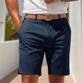 Men's light grey straight-leg suit shorts with elastic waistband on a hanger.