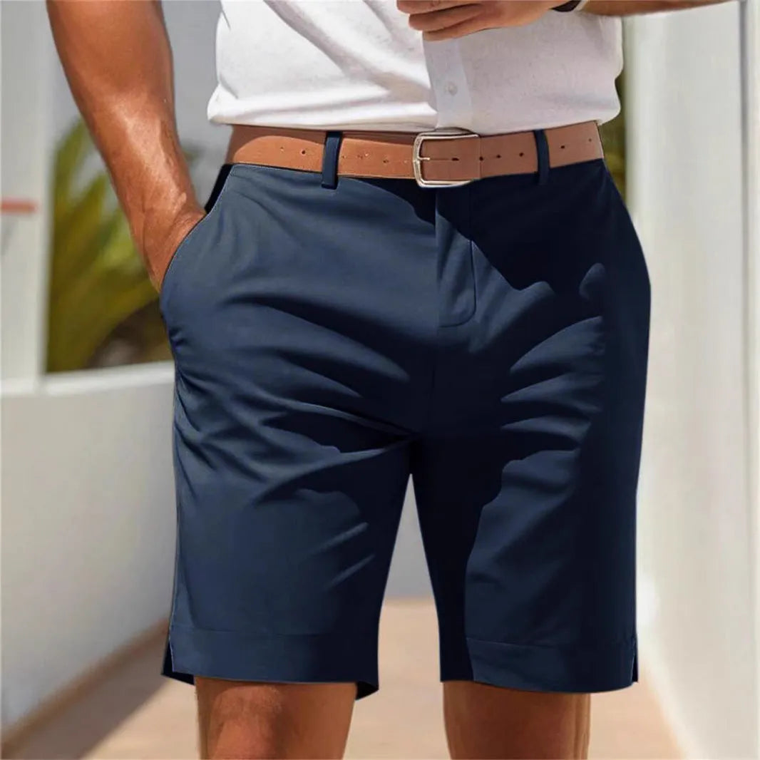 Men's light grey straight-leg suit shorts with elastic waistband on a hanger.
