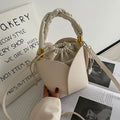 Women's small PU retro bucket bag in apricot with single shoulder strap and soft handle