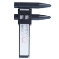 Digital electronic caliper hole distance measuring tool made from black plastic on a white background.