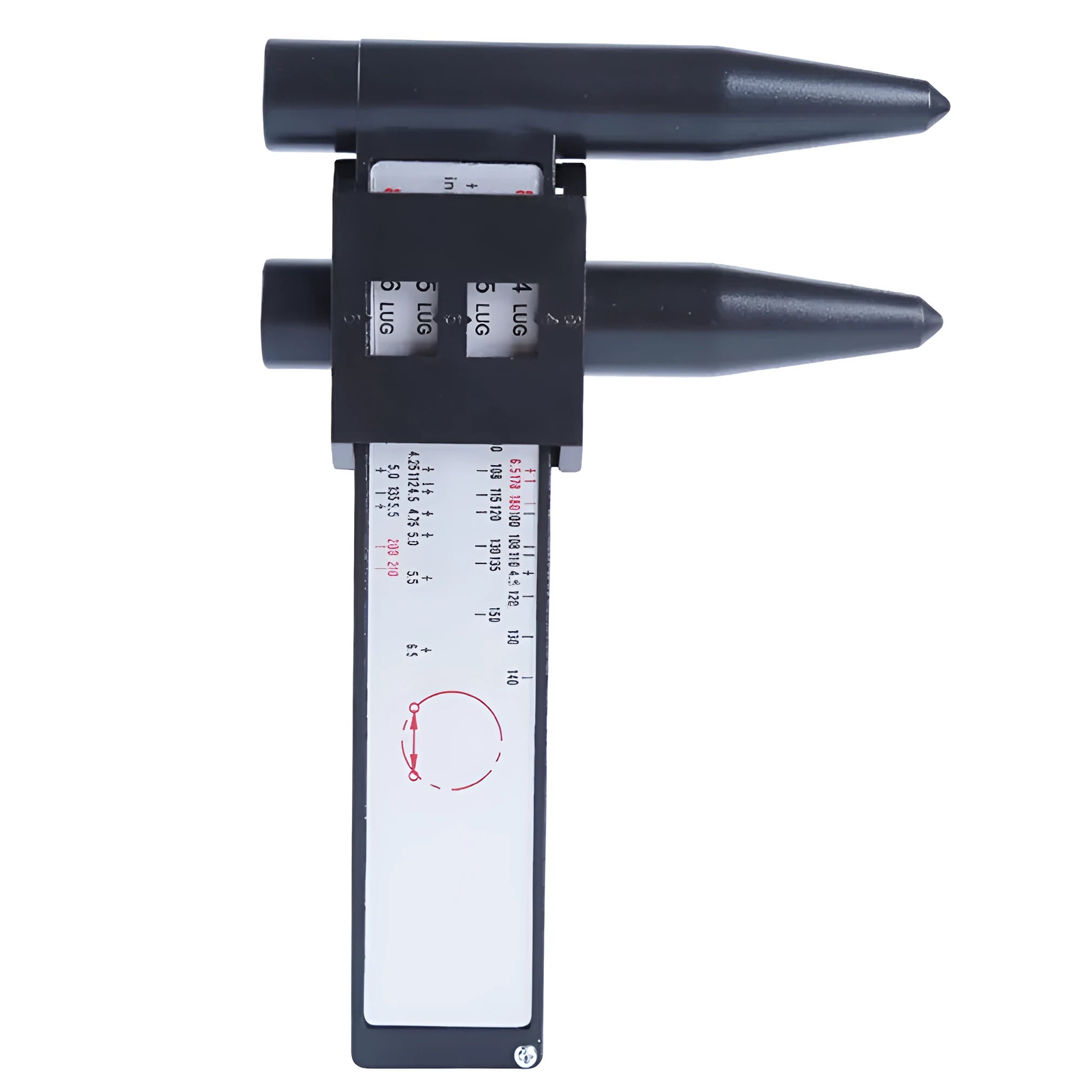 Digital electronic caliper hole distance measuring tool made from black plastic on a white background.