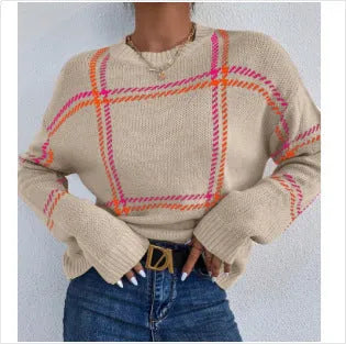 Women's loose plaid colour-block acrylic crew neck sweater in multiple colour options