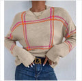 Women's loose plaid colour-block acrylic crew neck sweater in multiple colour options