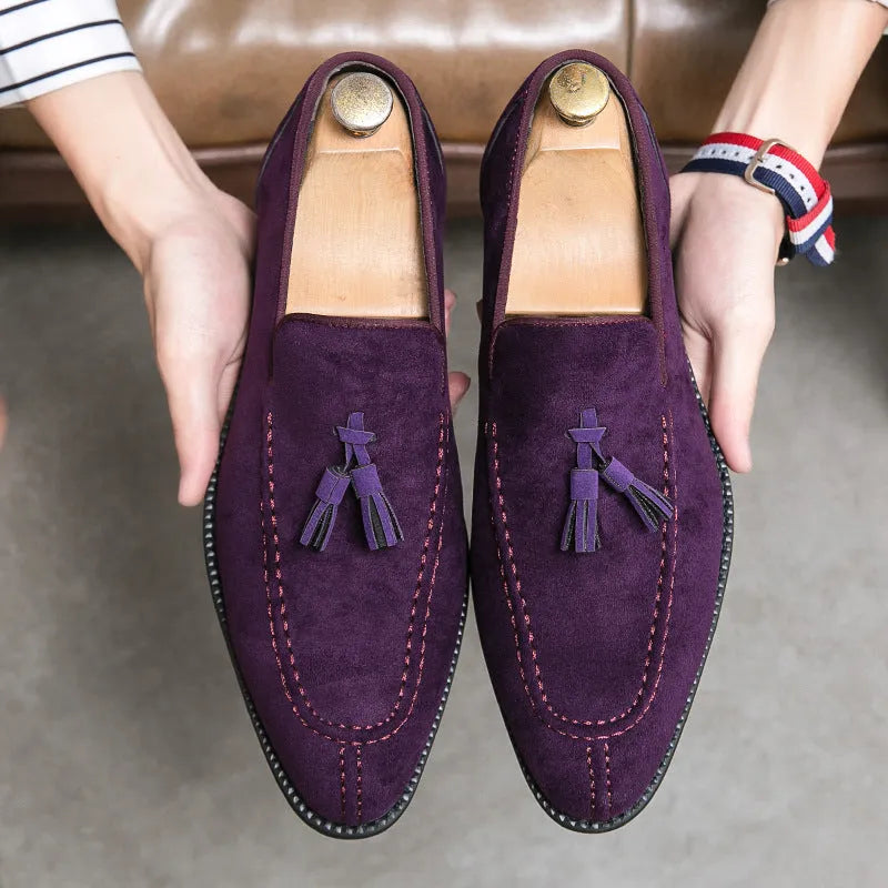 Men's suede matte fashion leather shoes in purple or blue with flat heel and plastic sole, sizes 38-48