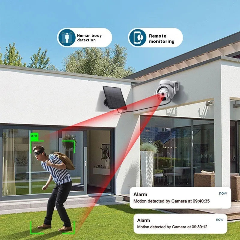 Solar panel security camera in camouflage finish for outdoor surveillance with 3MP sensor.