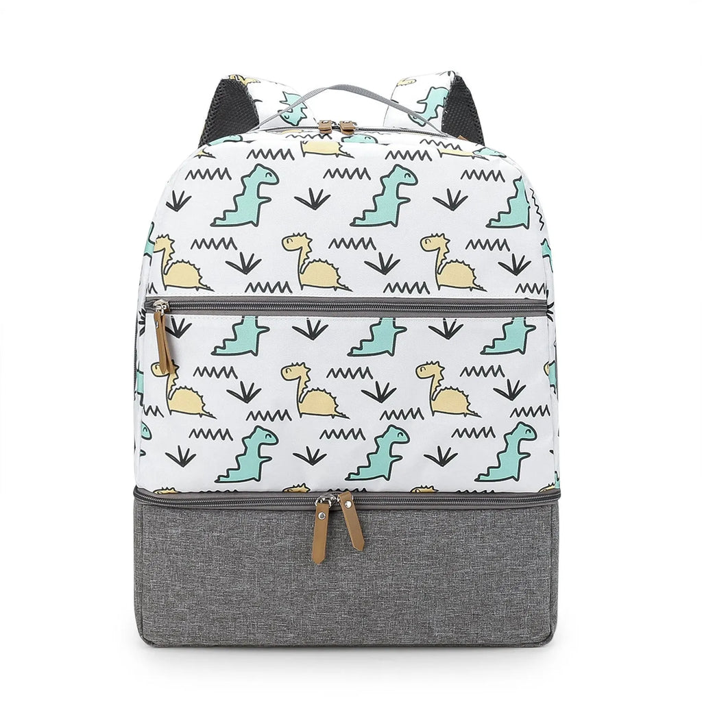 Grey insulated mother and child travel backpack with curved shoulder straps showing interior organisational compartments