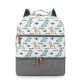 Grey insulated mother and child travel backpack with curved shoulder straps showing interior organisational compartments