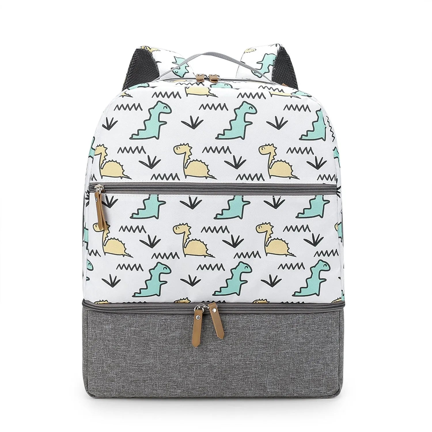Grey insulated mother and child travel backpack with curved shoulder straps showing interior organisational compartments