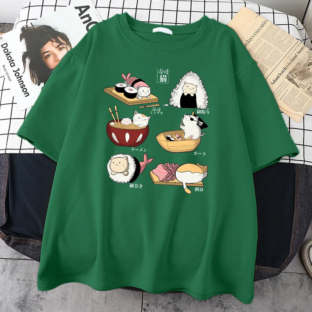 Men's black cotton T-shirt with cartoon cat sushi design printed on front