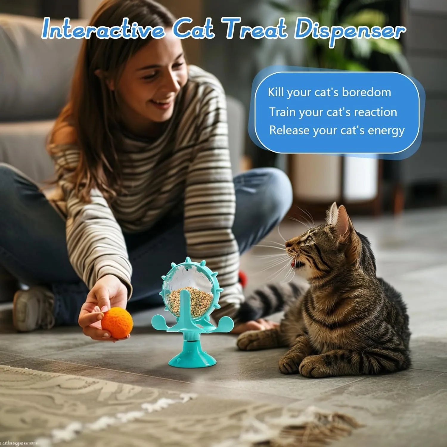 Interactive spinner puzzle toy for cats and dogs with food dispenser holes and sucker base