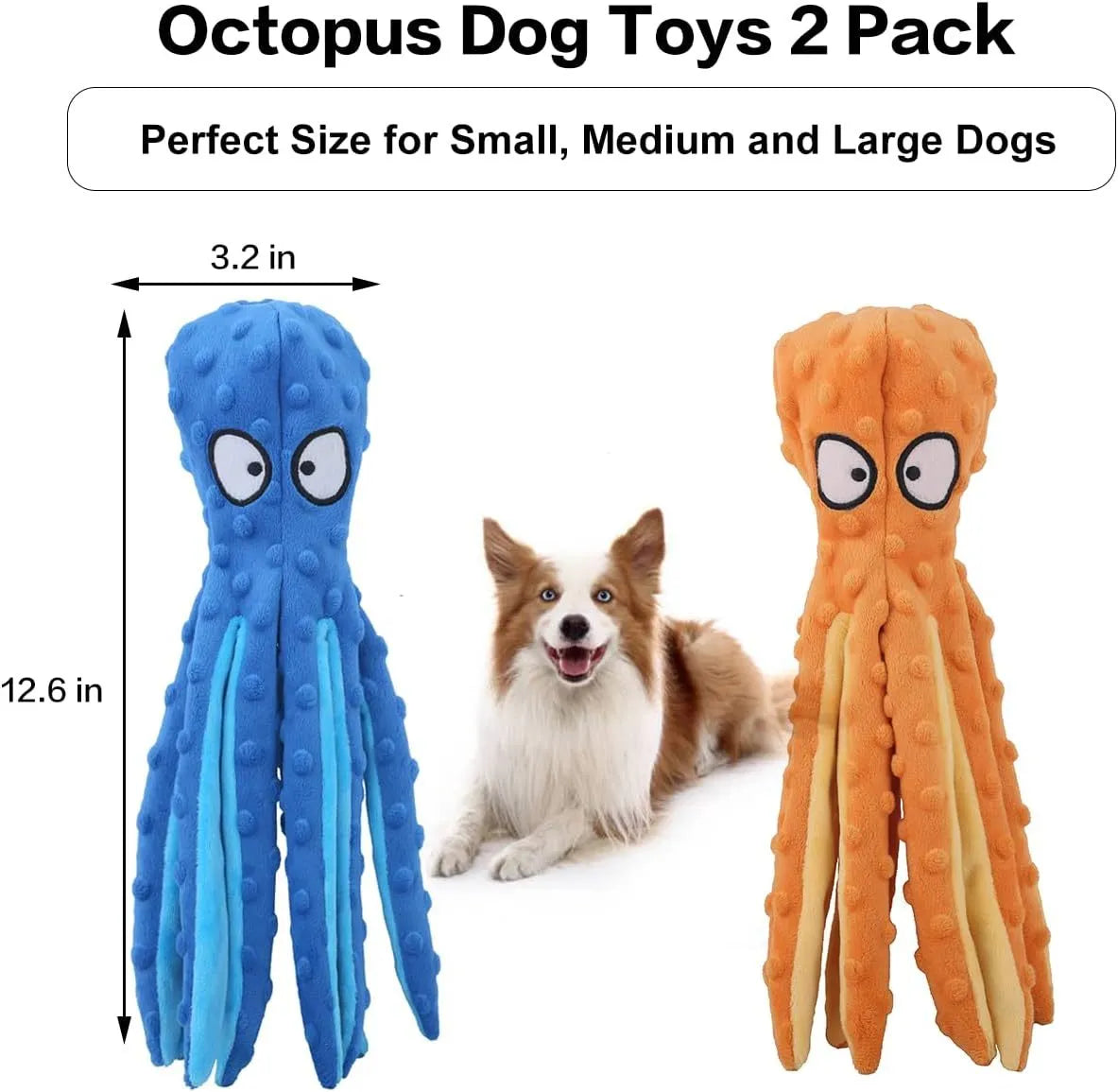 Blue octopus-shaped plush dog toy with crinkle paper and squeaker features on a plain background.