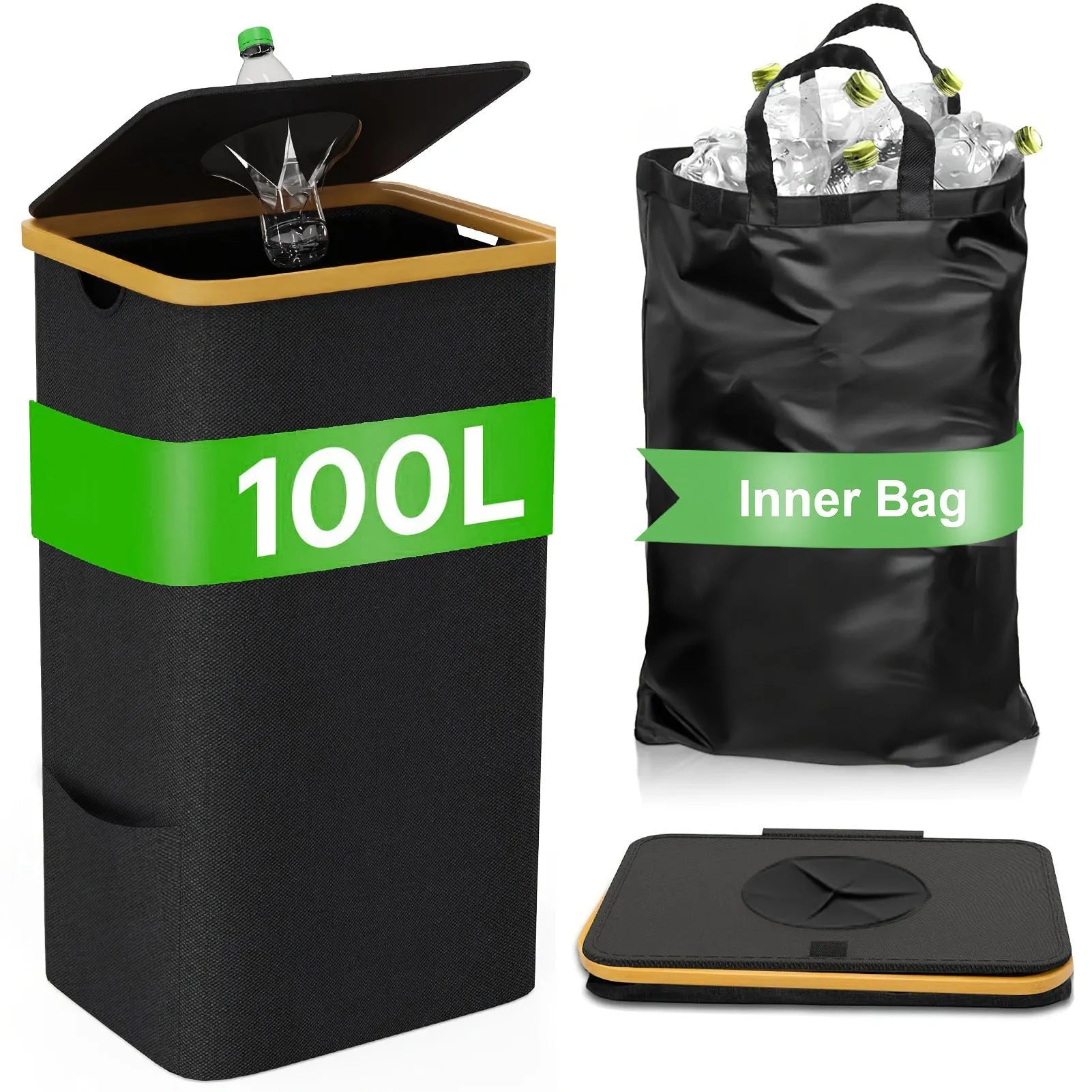 Black bamboo patterned laundry basket with removable lid showing recycling bottle storage slots and inner pockets