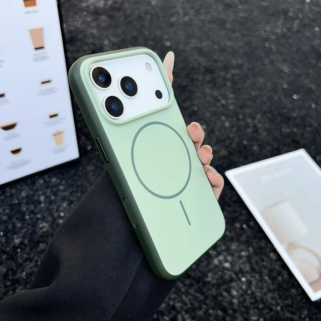 Blue frosted magnetic phone case for iPhone with a dedicated AI photography button on the side.
