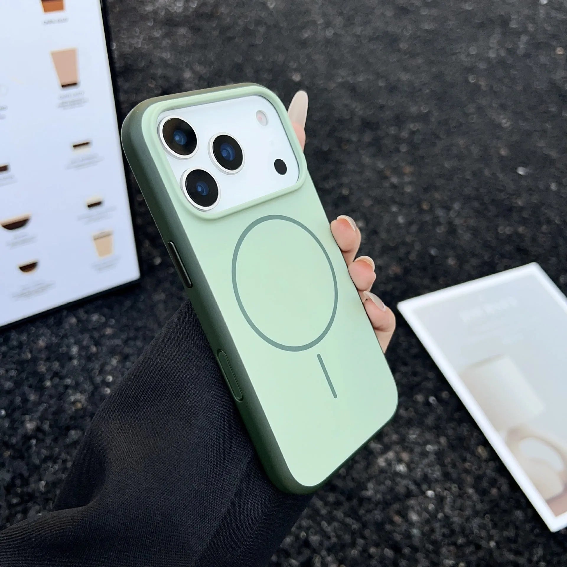 Blue frosted magnetic phone case for iPhone with a dedicated AI photography button on the side.