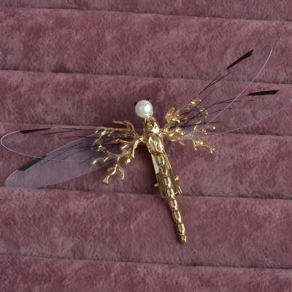Golden dragonfly-shaped side clip headdress for women with electroplated alloy construction