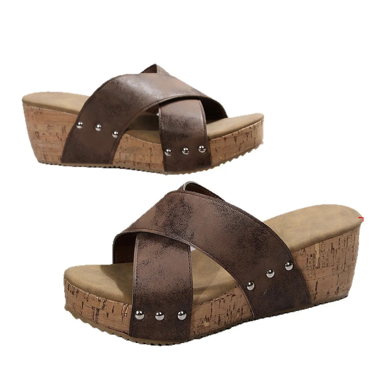 Women's wedge platform slippers with fish mouth toe, PU upper and lining, TPR sole, shown in black, dark blue, brown, or khaki