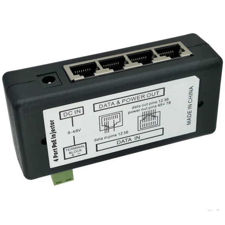 Four-port PoE DC power supply module in black plastic housing with RJ-45 interfaces
