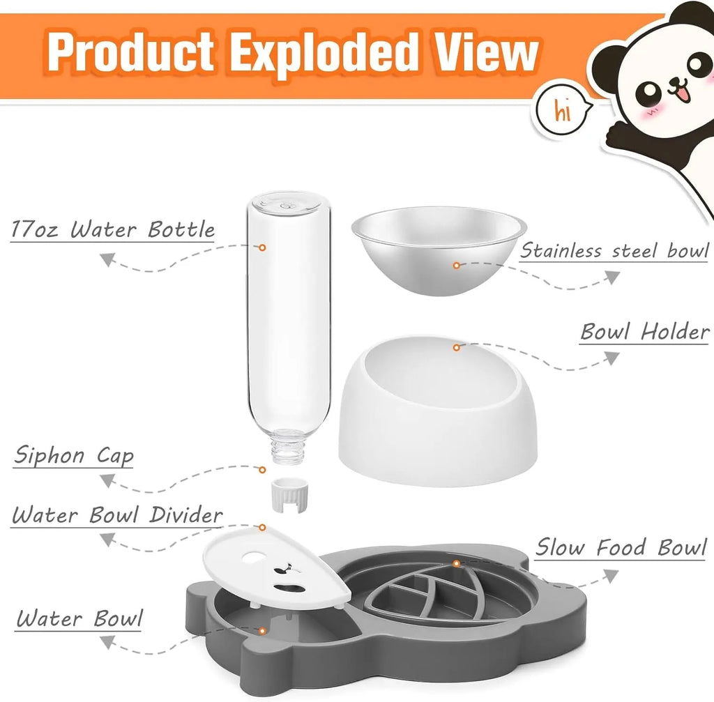 Grey panda-shaped raised pet feeder with tilted stainless steel bowls and a water bottle on a white background.