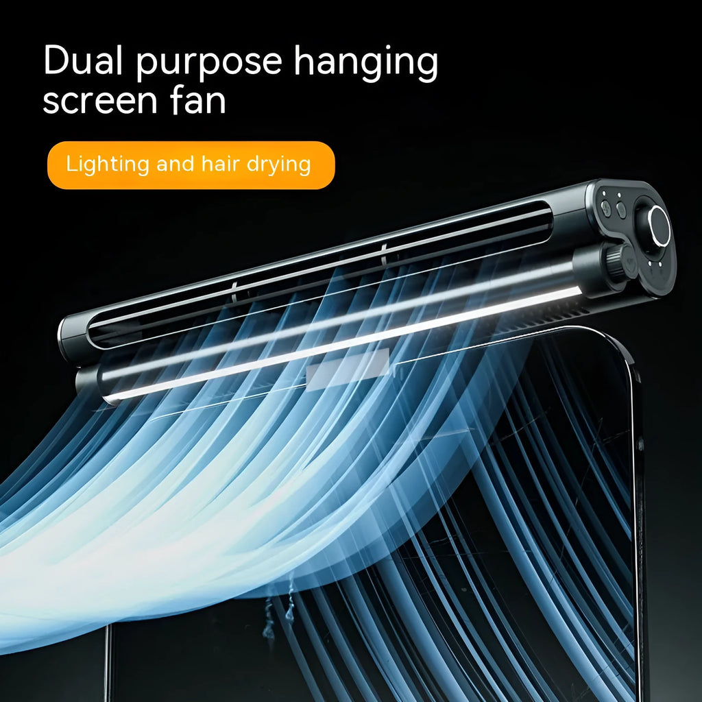 Black bladeless USB clip-on fan with integrated lamp attached to a laptop screen.