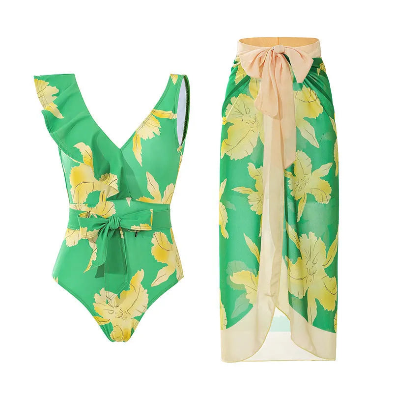 Women's solid colour one-piece swimsuit with spaghetti straps and a matching skirt