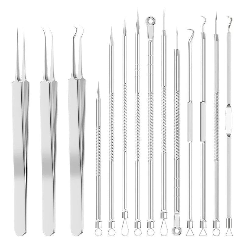 Silver-coloured metal 4-piece acne needle set with ultra-fine pointed tips on a white background.