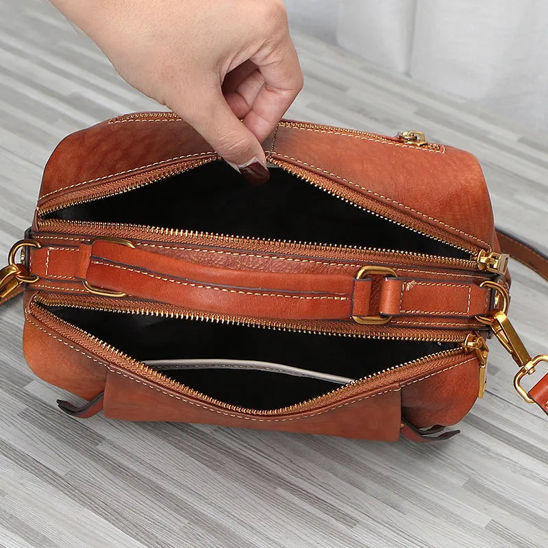 Genuine leather women's shoulder bag in pillow shape with top grain leather, open pocket and choice of Brown, Coffee, Gray or Green.