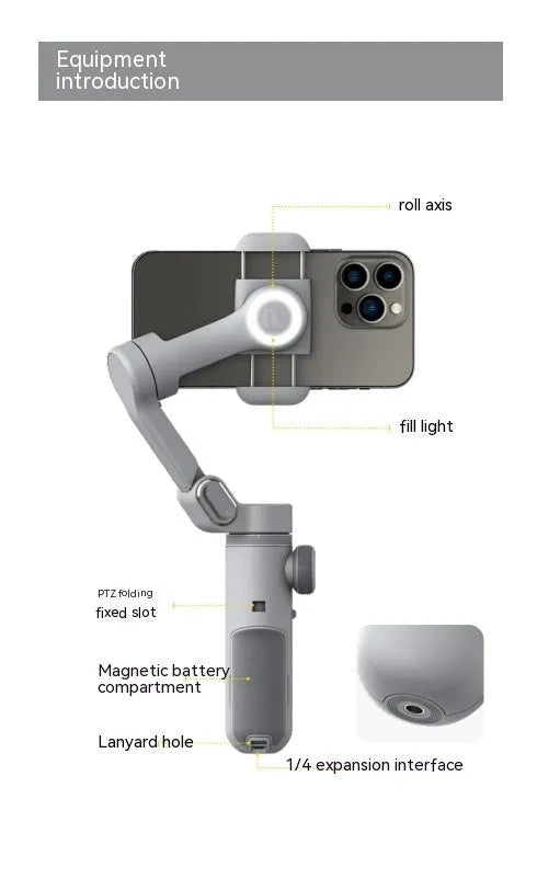 Pro Mobile PTZ Stabilizer in silver gray with three-axis anti-shake, ABS body, and phone clamp