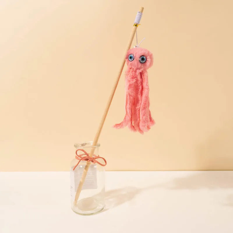 Octopus-themed cat toy with long handle in bright colours for indoor pet play