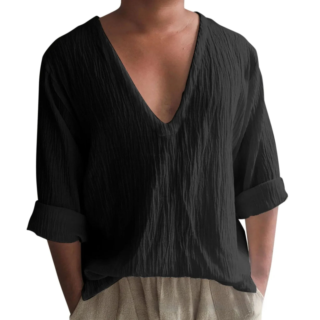 Men's solid colour V-neck long sleeve t-shirt in washed cotton linen blend.