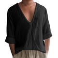Men's solid colour V-neck long sleeve t-shirt in washed cotton linen blend.