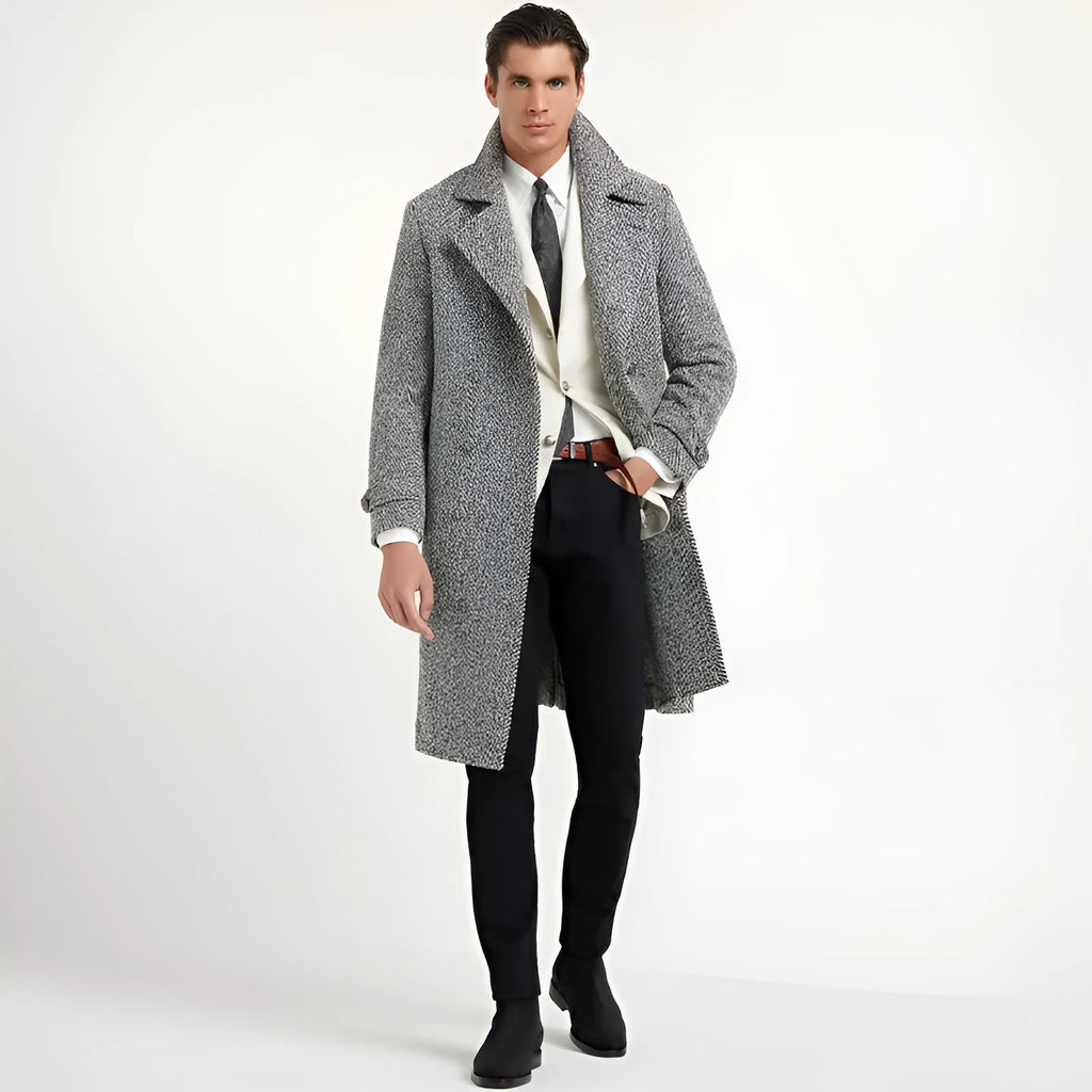 Men's mid-length double-breasted woolen overcoat in light gray with suit collar and placket front