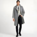 Men's mid-length double-breasted woolen overcoat in light gray with suit collar and placket front