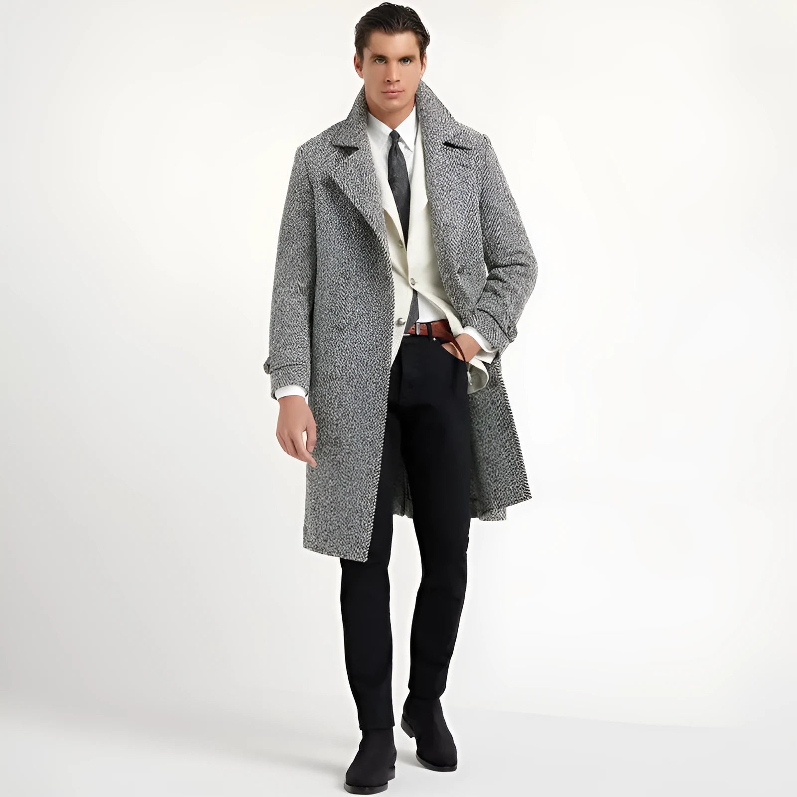 Men's mid-length double-breasted woolen overcoat in light gray with suit collar and placket front