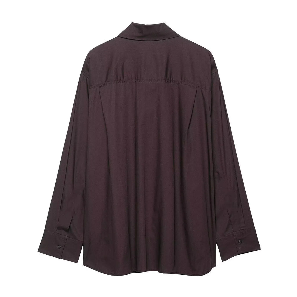 Brown women's poplin shirt with scarf bow tie detail and loose cardigan style