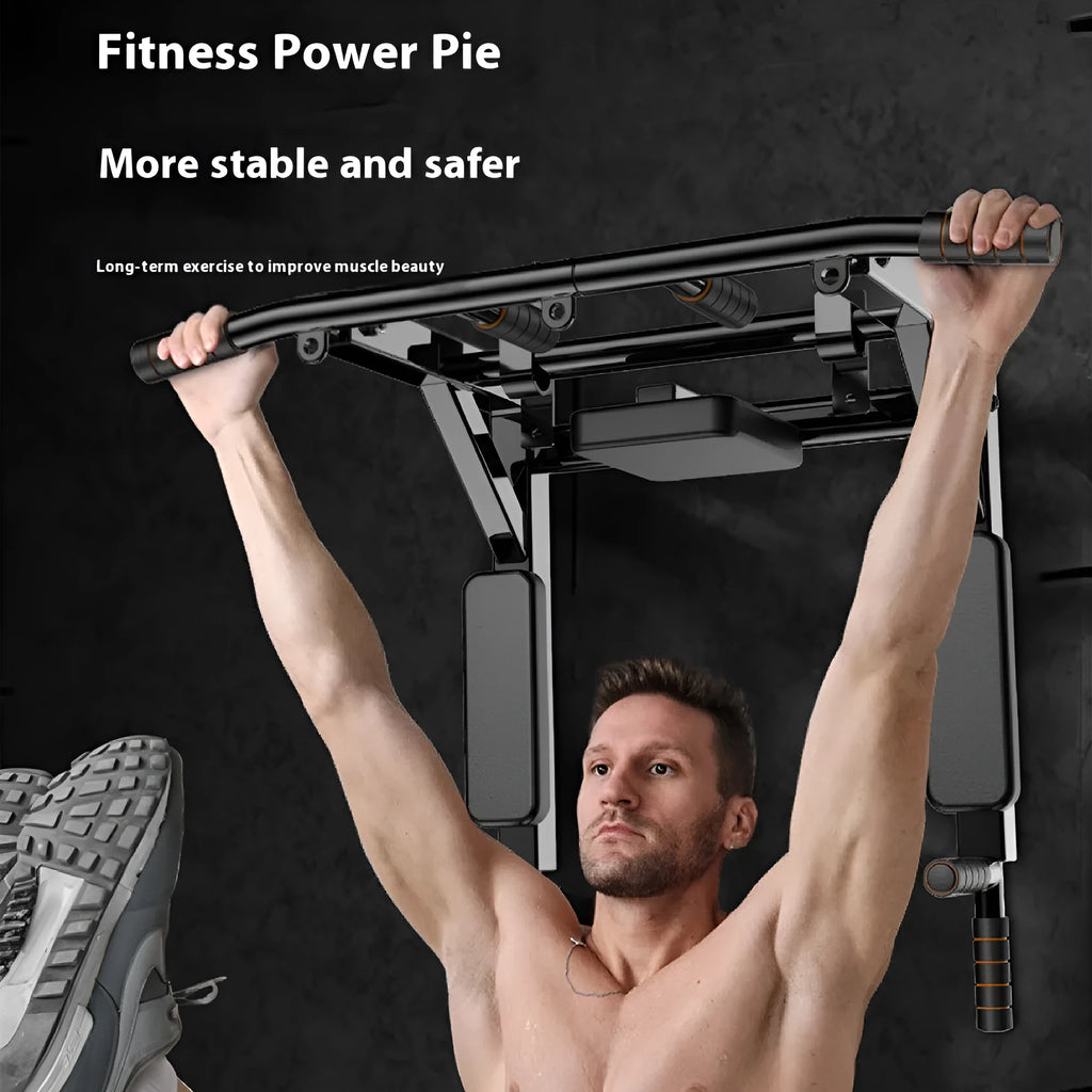 Black metal wall-mounted fitness rack for sandbag and single parallel bars pull-up training.