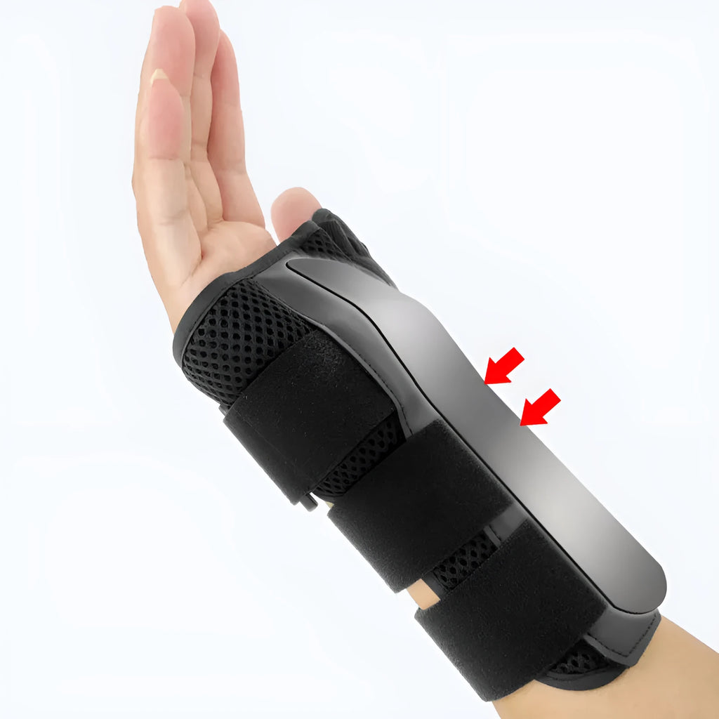 Carbon fiber sports wrist guard with thumb strap stabilisation in black with grey edging