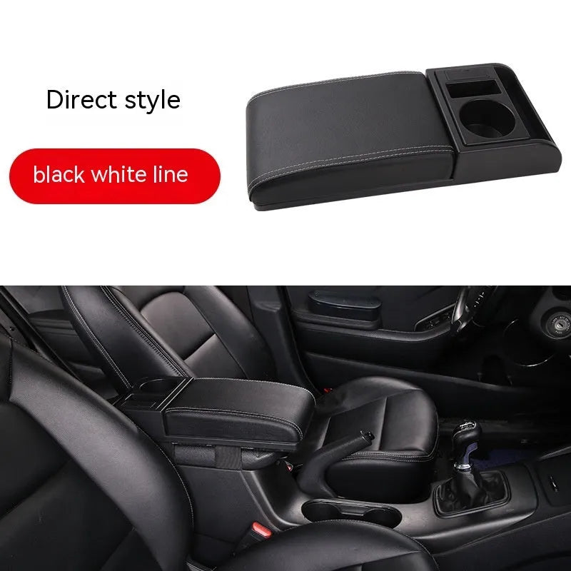 Universal car centre console armrest cover with height increase in black PU leather with red cord detailing