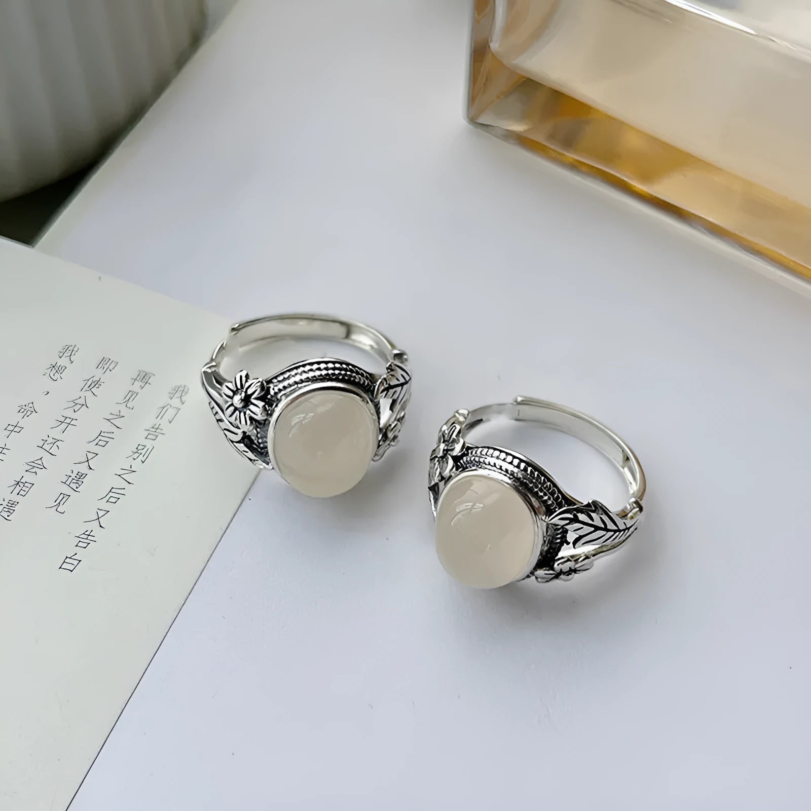 Copper vintage ring with imitation white chalcedony stone and adjustable open mouth design