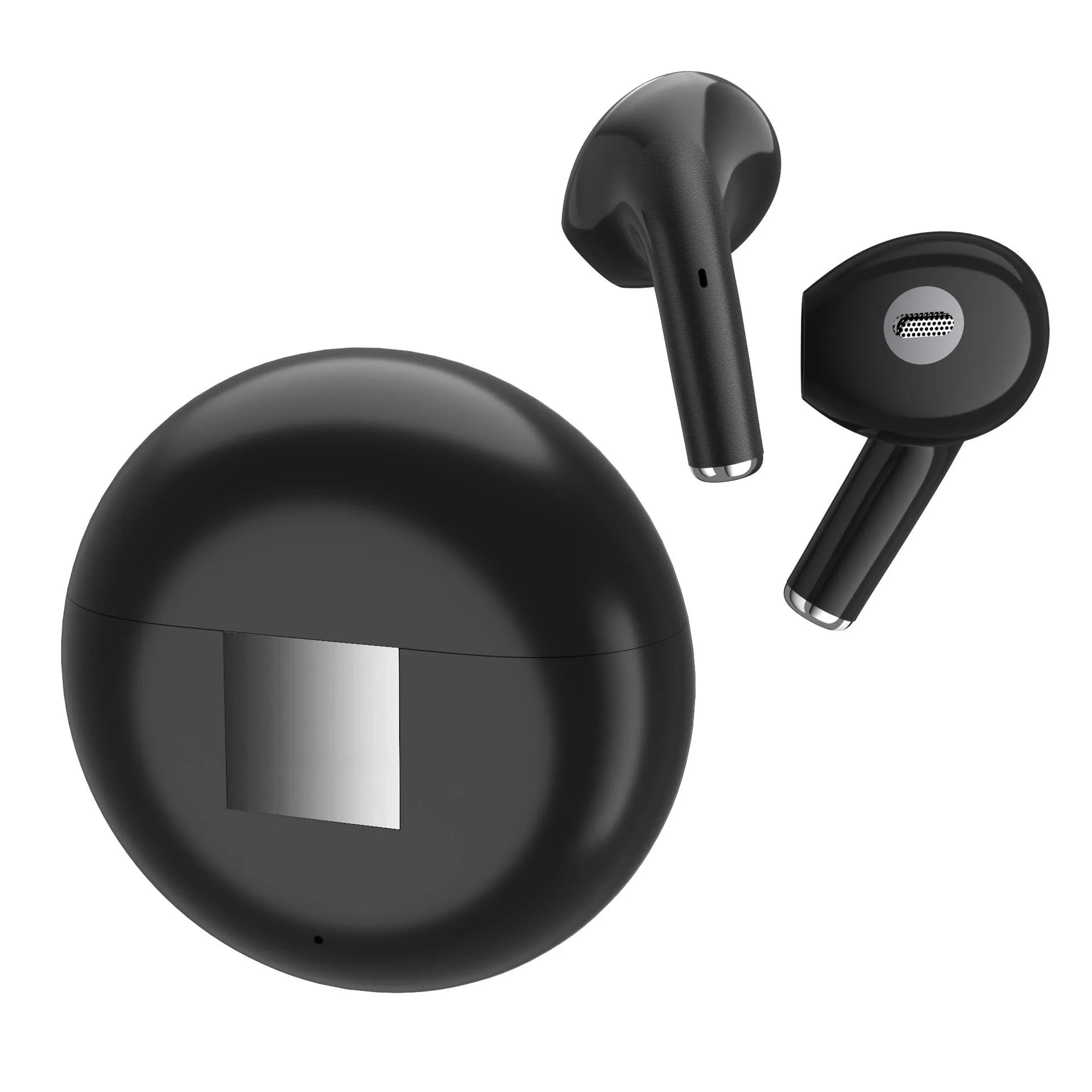 White Budz5 wireless Bluetooth earbuds with semi-in-ear design and matching charging case.