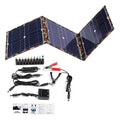 Black foldable 36W solar panel measuring 87cm x 28.5cm with charging accessories