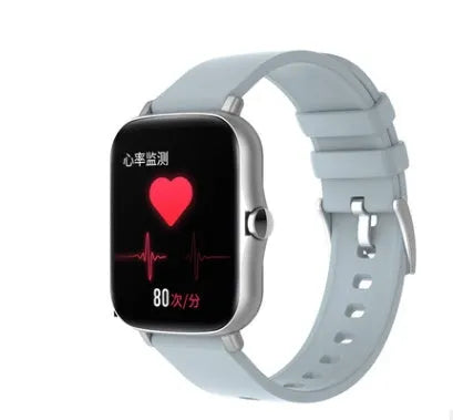 Smart sports watch with blue strap and 1.7-inch colour touch screen displaying time and heart rate.