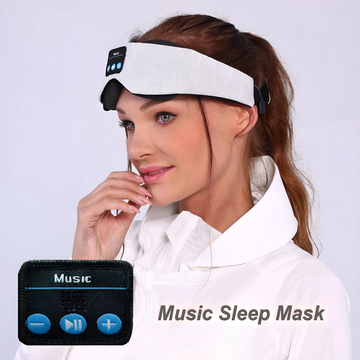 Grey polyester Bluetooth sleeping eye mask with long eyelashes design and no pressure fit.