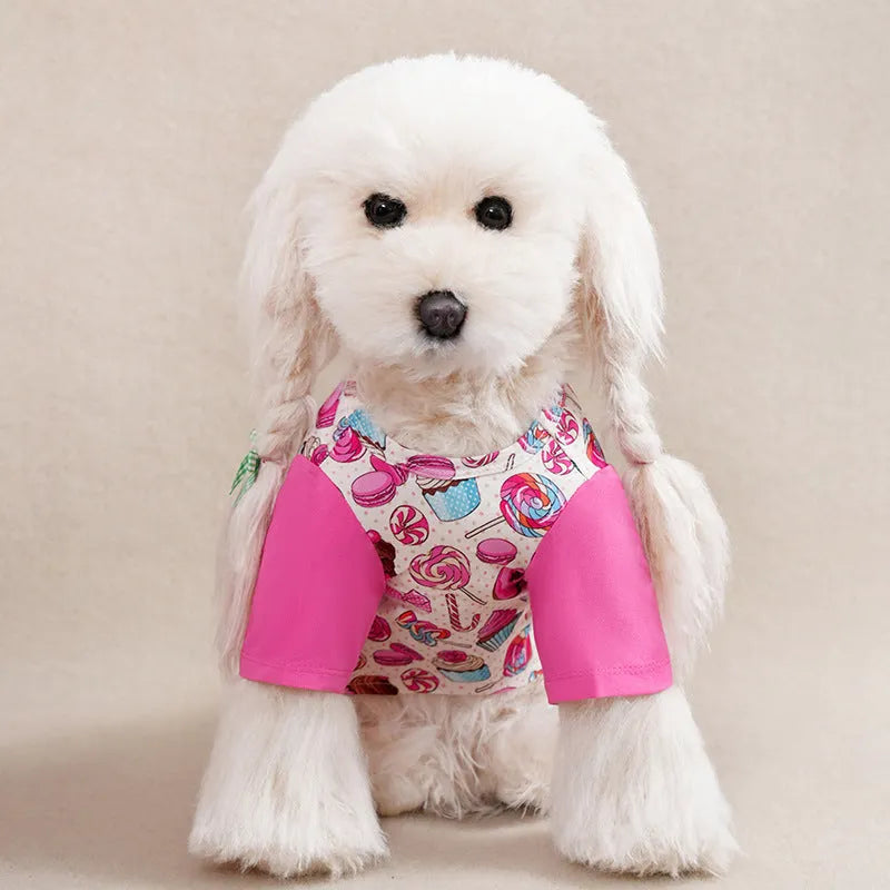 Small dog wearing a solid colour polyester t-shirt, showing the casual fit and full print design.